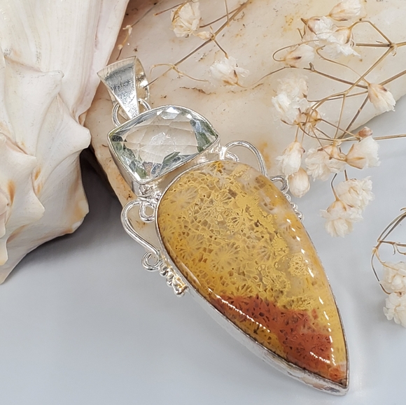 Natural Coral Fossil/Topaz Stone Silver Pendant - Picture 1 of 4